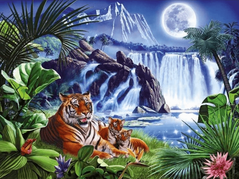 Tigerfamilie am Wasserfall - Diamond Painting Motiv