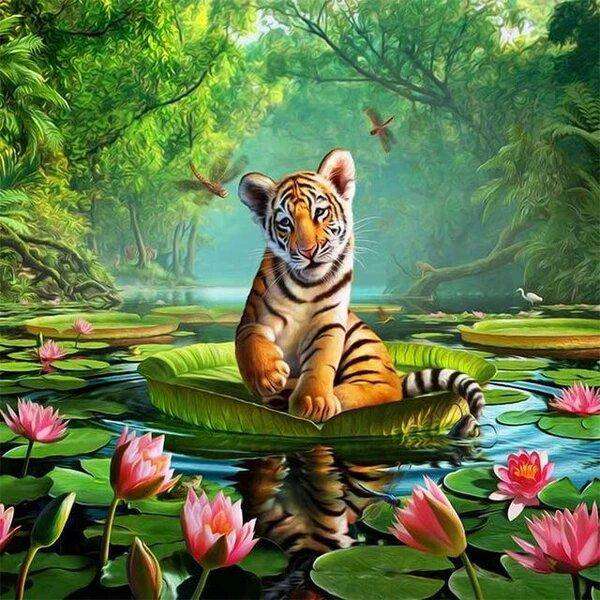 Tigerjunges auf Seerose - Diamond Painting Motiv
