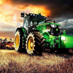 Traktor John Deere - Diamond Painting mit grünem Traktor im Feld