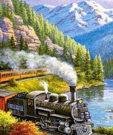 Zug durch die Berge - Diamond Painting mit Dampflok und Gebirgslandschaft