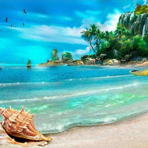 Tropischer Strand - Diamond Painting mit Muschel und türkisblauem Meer
