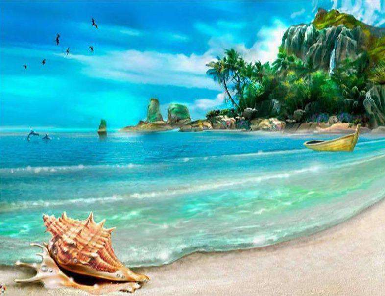 Tropischer Strand - Diamond Painting mit Muschel und türkisblauem Meer