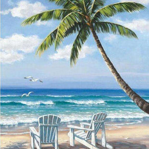Tropischer Strand 1 - Diamond Painting mit Palme und Meerblick