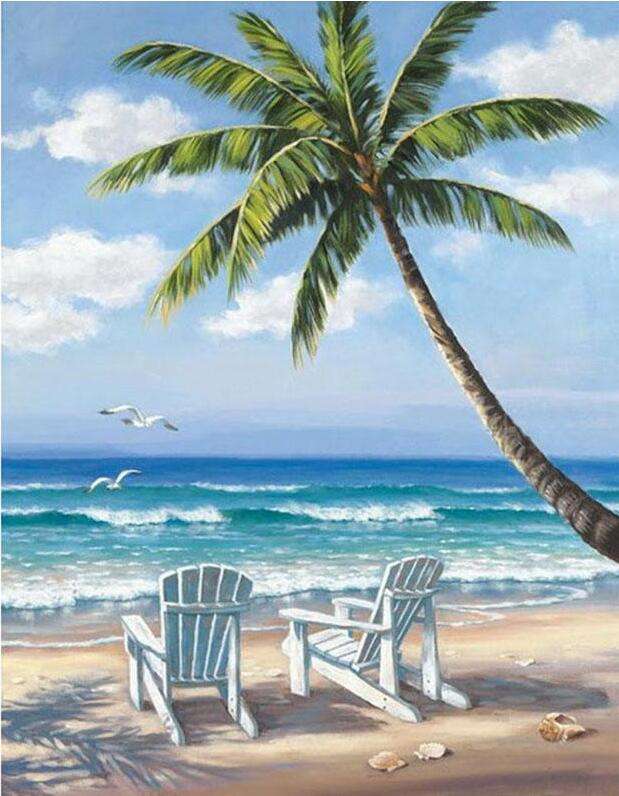 Tropischer Strand 1 - Diamond Painting mit Palme und Meerblick