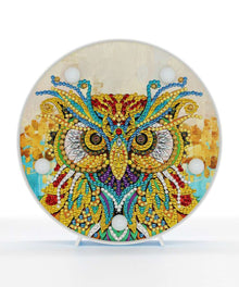 Runde Eulen-Mandala Diamond Painting Lampe mit buntem Eulenmotiv
