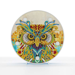 Runde Eulen-Mandala Diamond Painting Lampe mit buntem Eulenmotiv
