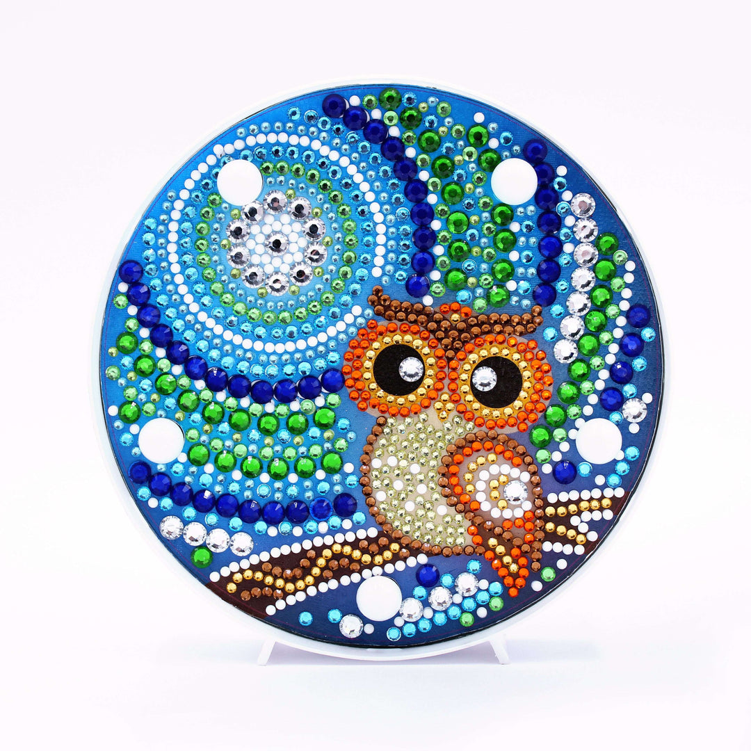 Runde Eulen-Mond Diamond Painting Lampe mit Nachtmotiv