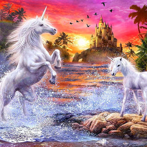Einhorn in der Traumwelt Diamond Painting mit Schloss
