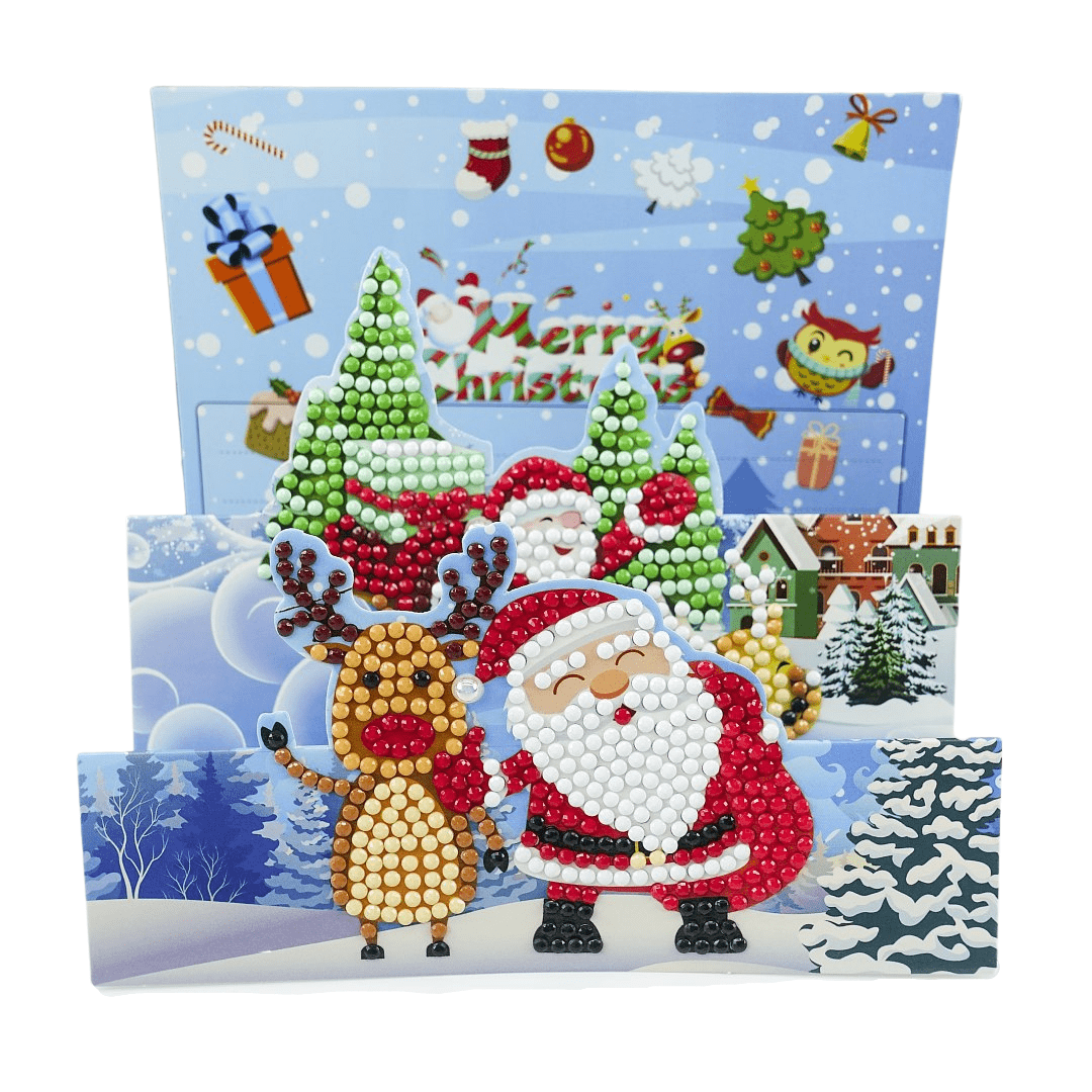 3D-Weihnachtskarte Weihnachtsmann und Rentier - Diamond Painting Karte
