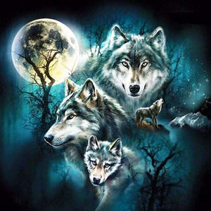 Vier Wölfe bei Vollmond - Diamond Painting Motiv