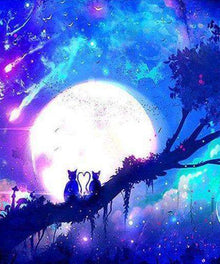 Vollmond mit geneigtem Baum Cartoon - Diamond Painting Nachtmotiv