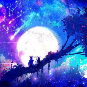 Vollmond mit geneigtem Baum Cartoon - Diamond Painting Nachtmotiv