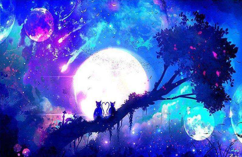 Vollmond mit geneigtem Baum Cartoon - Diamond Painting Nachtmotiv