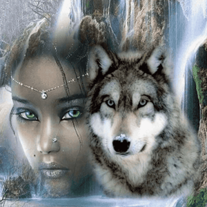 Frau und Wolf - Diamond Painting Fantasy-Tiermotiv