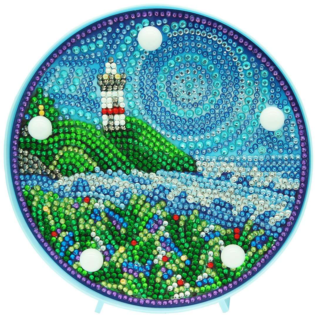 Runde Leuchtturm Diamond Painting Lampe mit Küstenmotiv