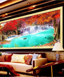Wasserfall am blauen See - Diamond Painting Großformat