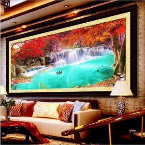 Wasserfall am blauen See - Diamond Painting Großformat