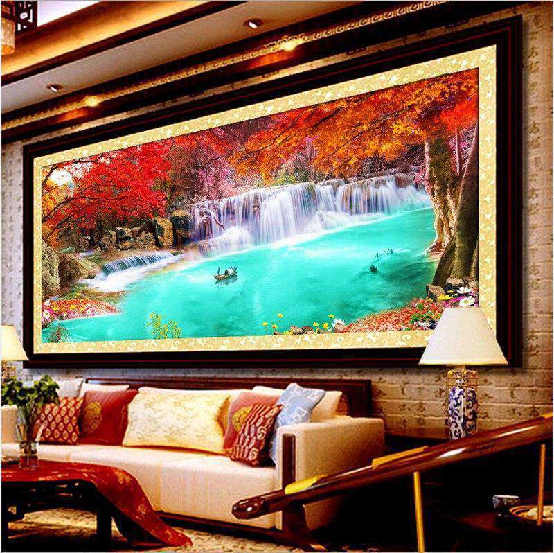 Wasserfall am blauen See - Diamond Painting Großformat
