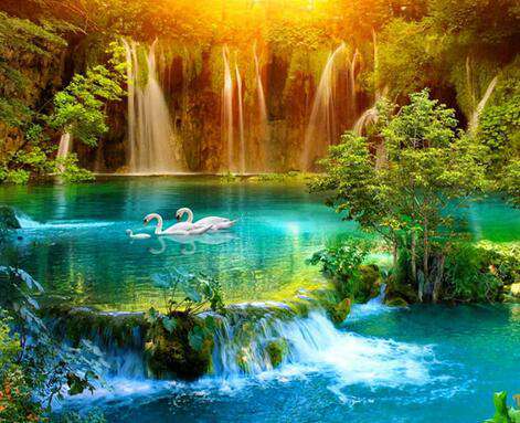 Wasserfall mit Schwänen Diamond Painting