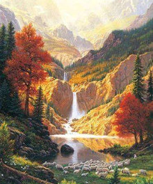 Wasserfall am See im Herbst - Diamond Painting Landschaftsmotiv