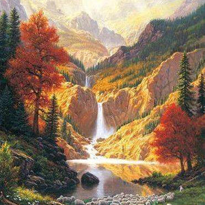 Wasserfall am See im Herbst - Diamond Painting Landschaftsmotiv