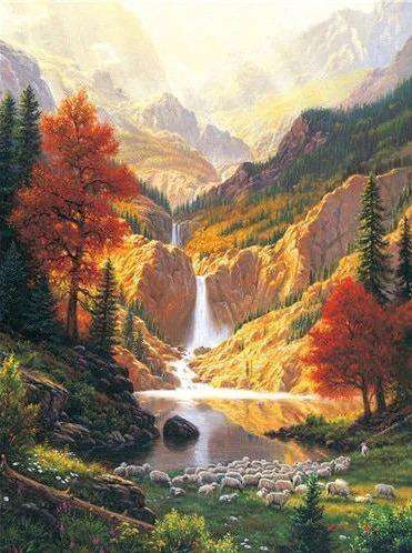 Wasserfall am See im Herbst - Diamond Painting Landschaftsmotiv