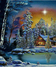 Winterblockhaus im Schnee - Diamond Painting Landschaftsmotiv