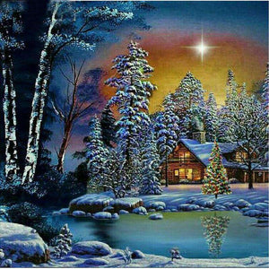 Winterblockhaus im Schnee - Diamond Painting Landschaftsmotiv