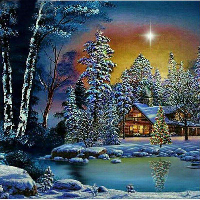 Winterblockhaus im Schnee - Diamond Painting Landschaftsmotiv