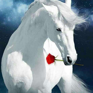 Weißes Pferd mit roter Rose - Diamond Painting Pferdemotiv