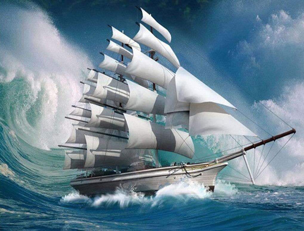 Weißes Segelschiff - Diamond Painting Meermotiv