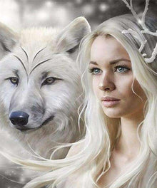 Weißer Wolf mit blondem Mädchen - Diamond Painting Motiv