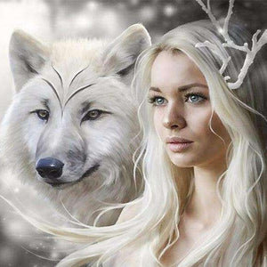 Weißer Wolf mit blondem Mädchen - Diamond Painting Motiv