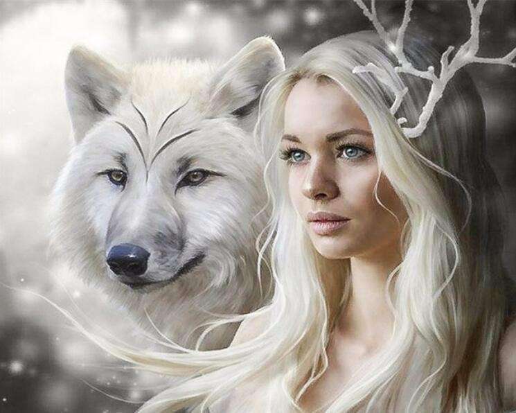 Weißer Wolf mit blondem Mädchen - Diamond Painting Motiv