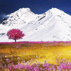Weiße Berge mit rosa Baum - Diamond Painting Landschaftsmotiv