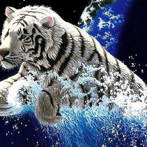 Weißer Tiger springt aus dem Wasser - Diamond Painting Tiermotiv