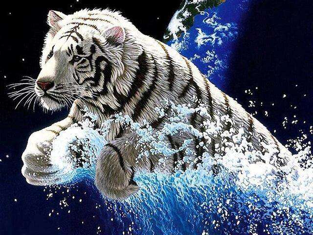 Weißer Tiger springt aus dem Wasser - Diamond Painting Tiermotiv