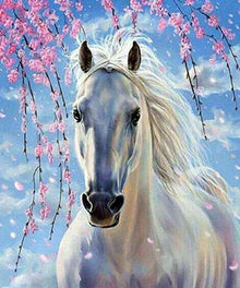 Weiße Stute mit Blüte - Diamond Painting Pferdemotiv