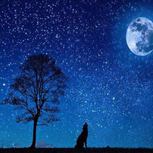 Wolf bei Vollmond - Diamond Painting Nachtmotiv