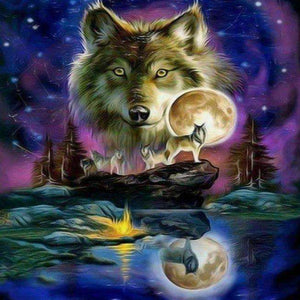 Wolf bei Vollmond - Diamond Painting Tiermotiv
