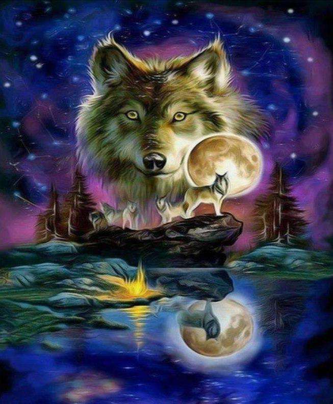 Wolf bei Vollmond - Diamond Painting Tiermotiv