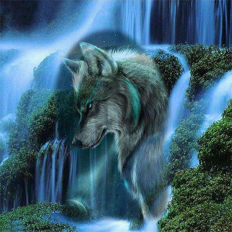Wolf an einem Wasserfall - Diamond Painting Wildtiermotiv