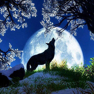 Wolf-Silhouette bei Mondschein - Diamond Painting Tiermotiv
