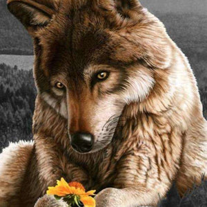 Wolf mit Blume - Diamond Painting Tiermotiv