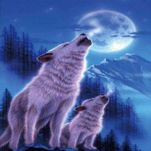 Wölfe bei Vollmond - Diamond Painting Nachtmotiv