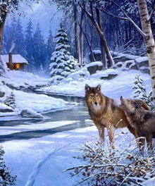 Wölfe im Schneewald - Diamond Painting Tiermotiv