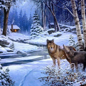 Wölfe im Schneewald - Diamond Painting Tiermotiv
