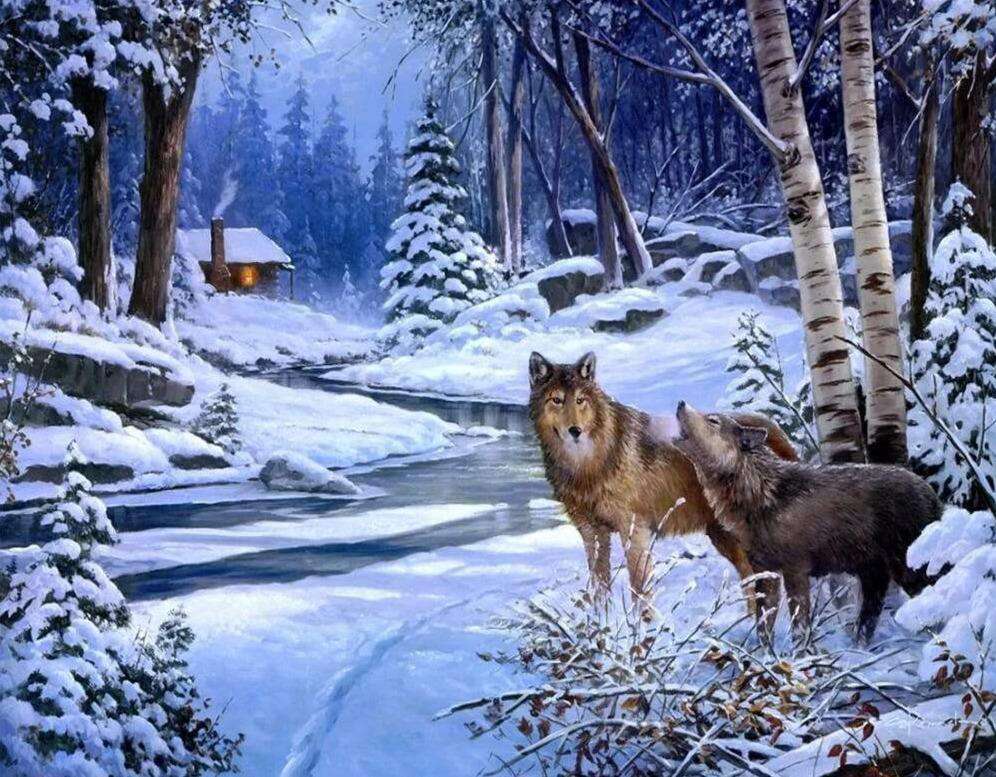 Wölfe im Schneewald - Diamond Painting Tiermotiv