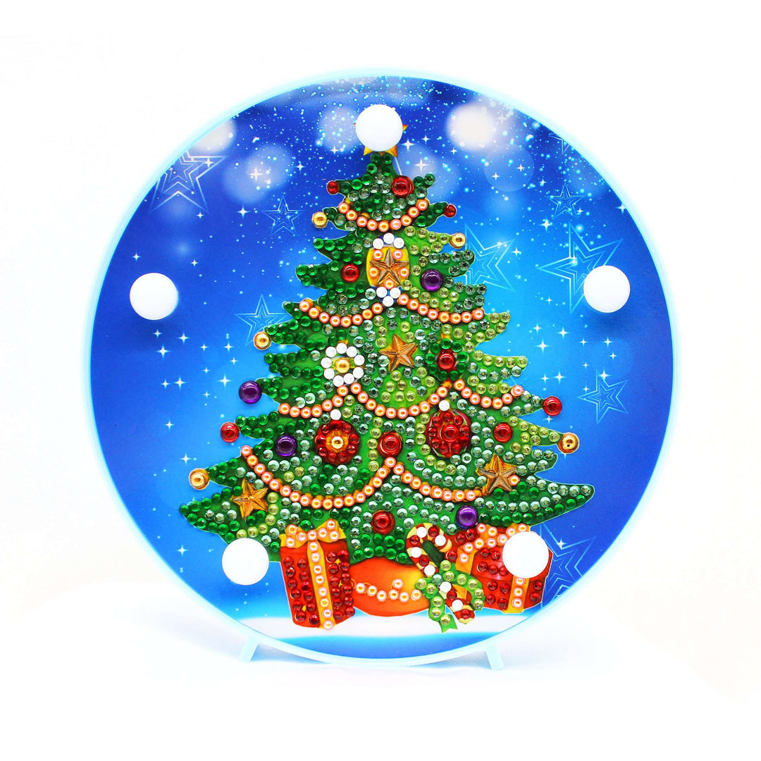 Runde Weihnachtsbaum Diamond Painting Lampe mit Geschenken und Sternen
