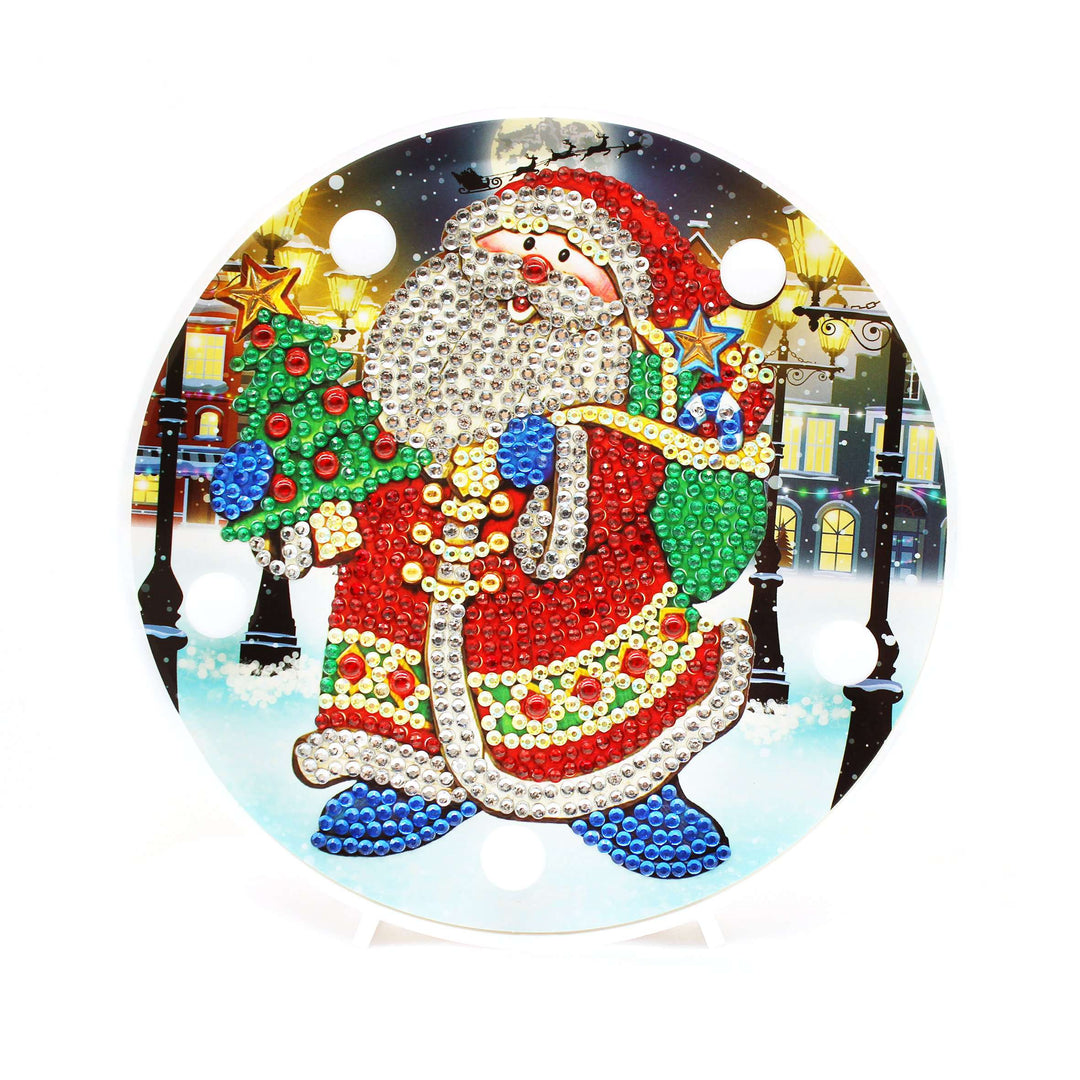 Runde Weihnachtsmann Diamond Painting Lampe mit Tannenbaum und Geschenken